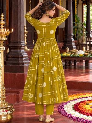 women printed empire mirror work  cotton kurta with trousers & with dupatta 3