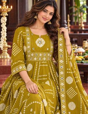 women printed empire mirror work  cotton kurta with trousers & with dupatta 4