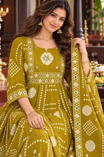 women printed empire mirror work  cotton kurta with trousers & with dupatta