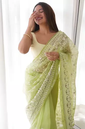 Green green & white floral embroidered organza saree
