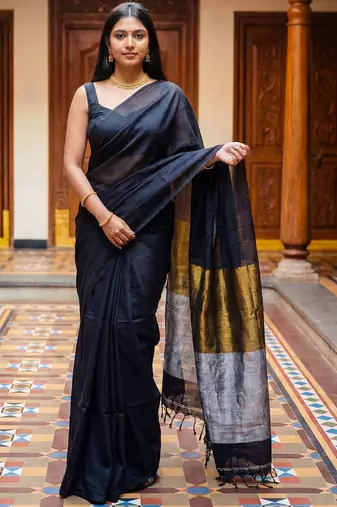 Black zari  cotton khadi saree