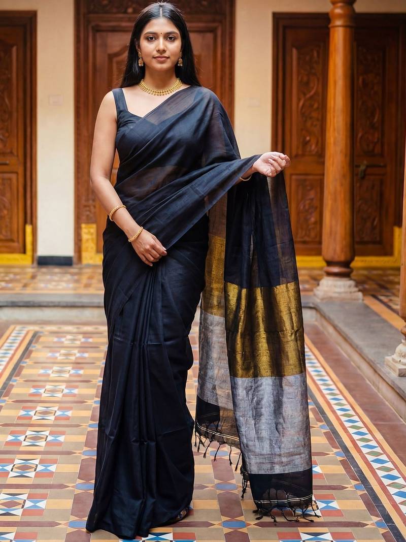Black zari  cotton khadi saree