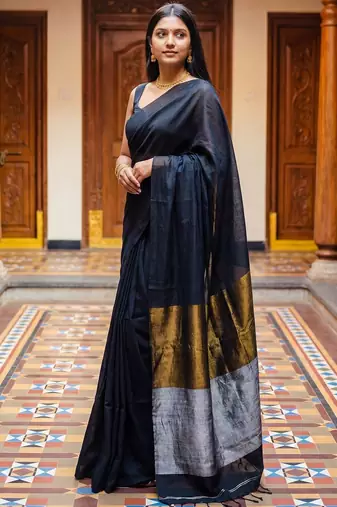 Black zari  cotton khadi saree