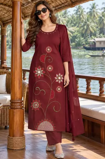 women ethnic motifs embroidered regular mirror work  cotton kurta with trousers & with