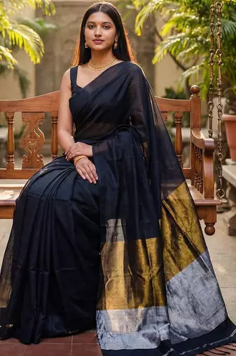 Black zari  cotton khadi saree