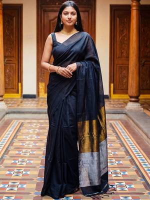 Black zari  cotton khadi saree 5