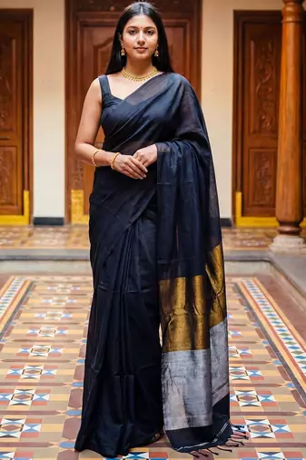 Black zari  cotton khadi saree