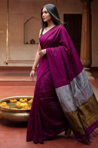 Magenta zari  cotton khadi saree