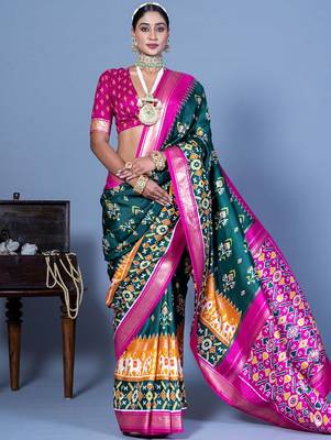 Teal ethnic motifs silk blend pochampally saree 1