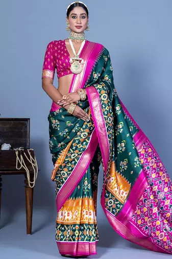Teal ethnic motifs silk blend pochampally saree