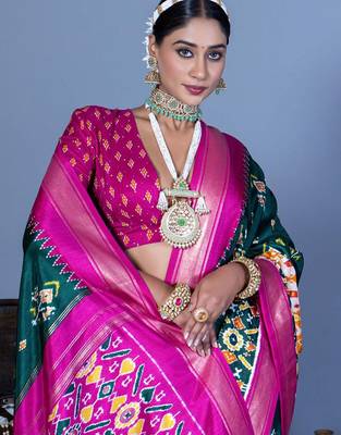 Teal ethnic motifs silk blend pochampally saree 2