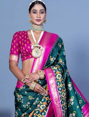 Teal ethnic motifs silk blend pochampally saree 3