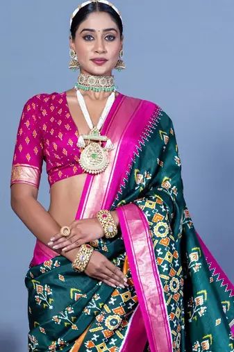 Teal ethnic motifs silk blend pochampally saree