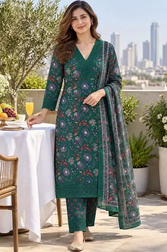 women floral printed  cotton kurta with trousers & with dupatta