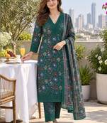 women floral printed  cotton kurta with trousers & with dupatta