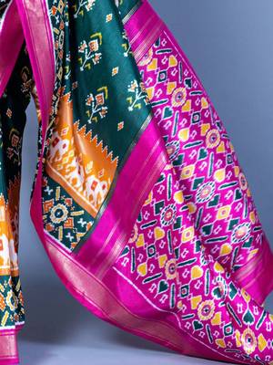 Teal ethnic motifs silk blend pochampally saree 4