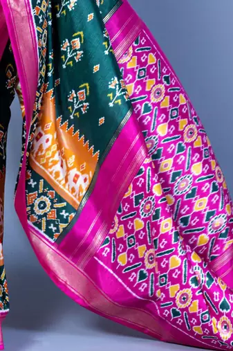 Teal ethnic motifs silk blend pochampally saree