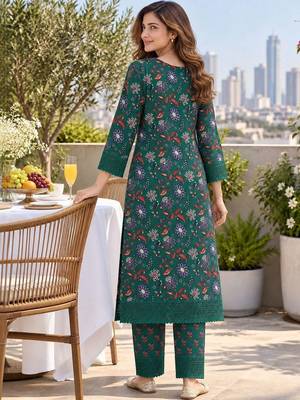women floral printed  cotton kurta with trousers & with dupatta 2