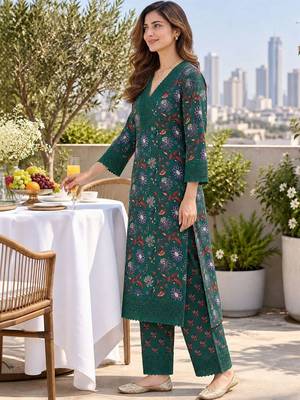women floral printed  cotton kurta with trousers & with dupatta 3