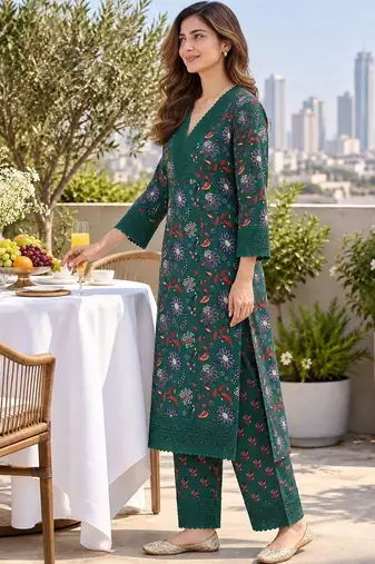 women floral printed  cotton kurta with trousers & with dupatta