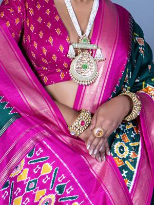Teal ethnic motifs silk blend pochampally saree 5