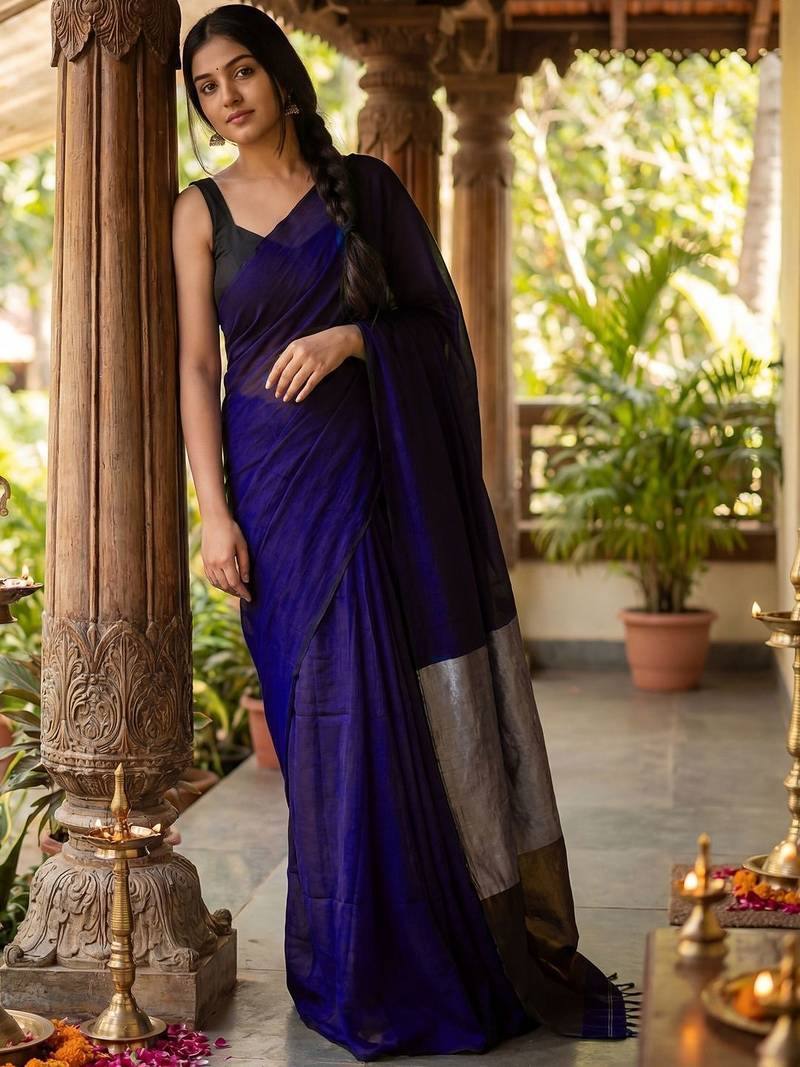 Purple woven design zari  cotton khadi saree
