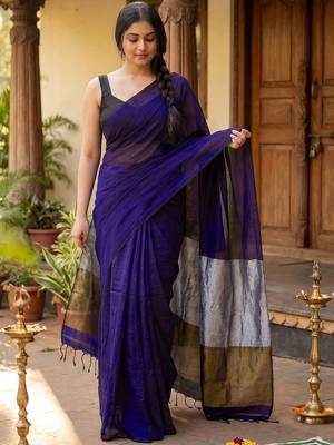 Purple woven design zari  cotton khadi saree 2