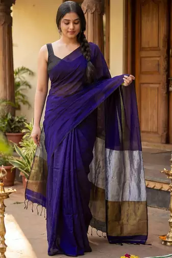 Purple woven design zari  cotton khadi saree