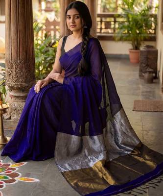 Purple woven design zari  cotton khadi saree 4