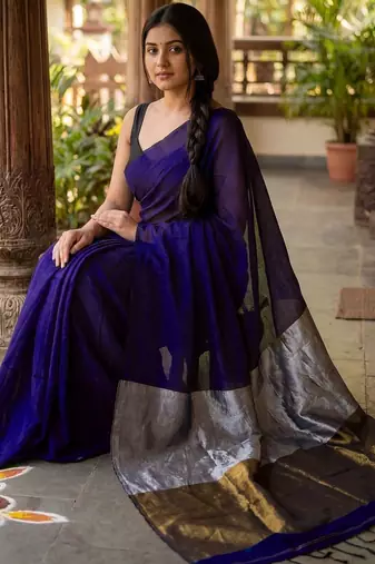 Purple woven design zari  cotton khadi saree