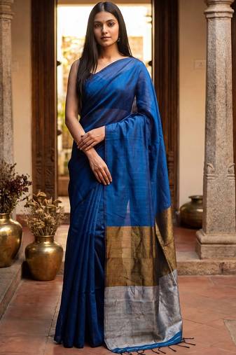 Blue woven design zari  cotton handloom khadi saree