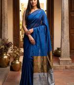 Blue woven design zari  cotton handloom khadi saree