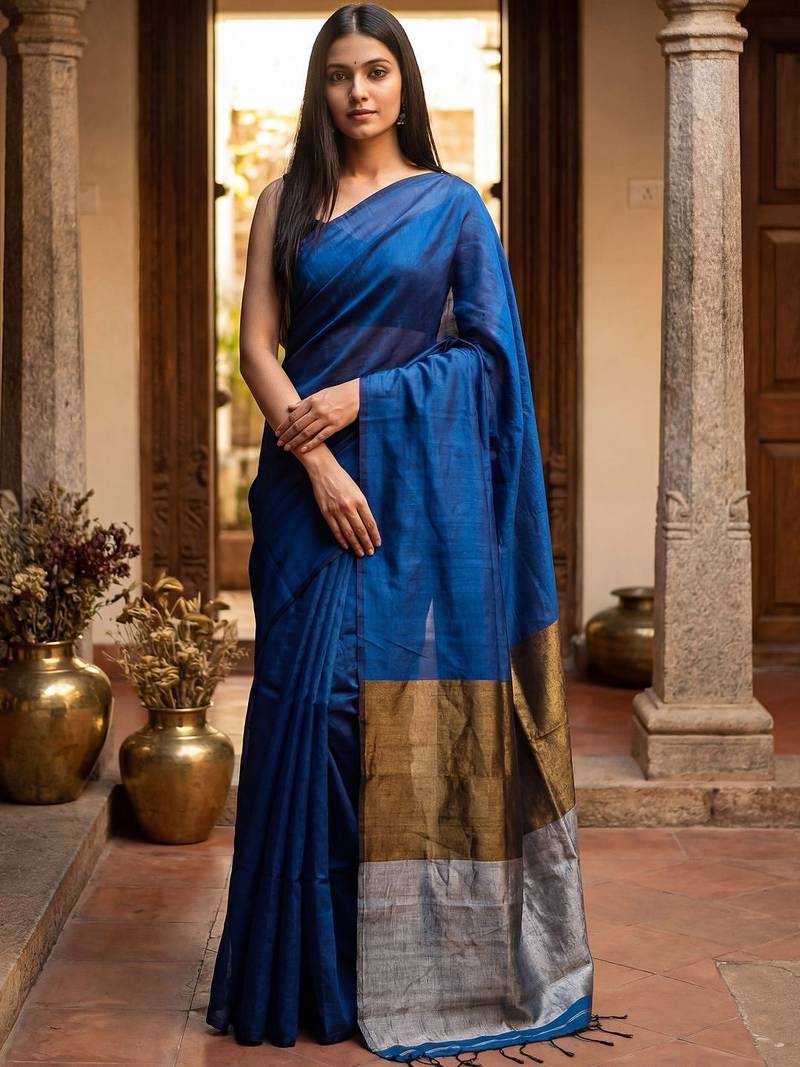 Blue woven design zari  cotton handloom khadi saree