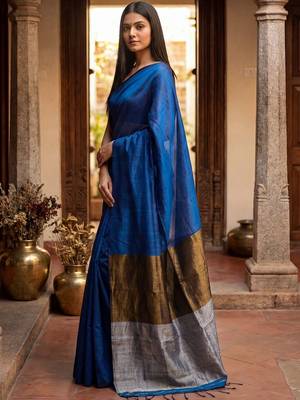 Blue woven design zari  cotton handloom khadi saree 2