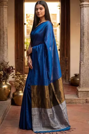 Blue woven design zari  cotton handloom khadi saree
