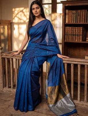 Blue woven design zari  cotton handloom khadi saree 3