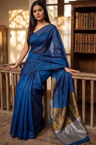Blue woven design zari  cotton handloom khadi saree