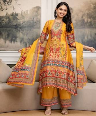 women ethnic motifs printed regular mirror work kurta with palazzos & with dupatta 1
