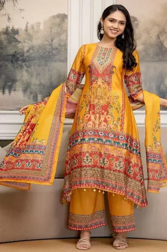 women ethnic motifs printed regular mirror work kurta with palazzos & with dupatta