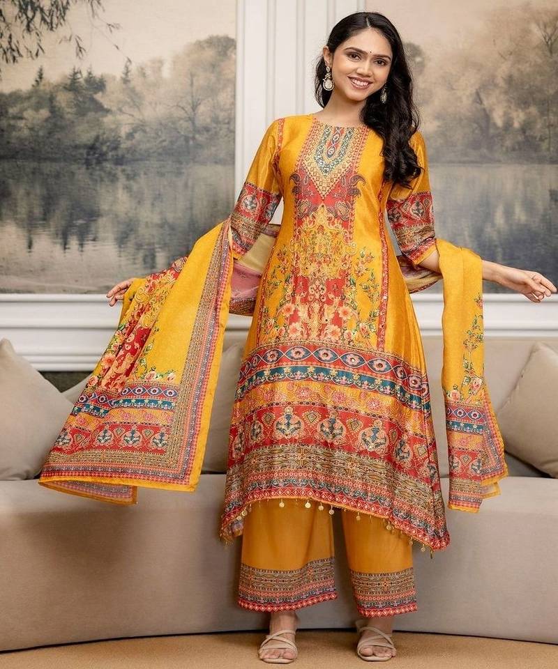 women ethnic motifs printed regular mirror work kurta with palazzos & with dupatta