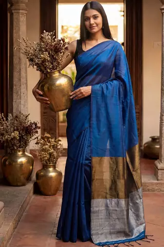 Blue woven design zari  cotton handloom khadi saree
