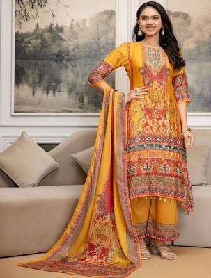 women ethnic motifs printed regular mirror work kurta with palazzos & with dupatta 2