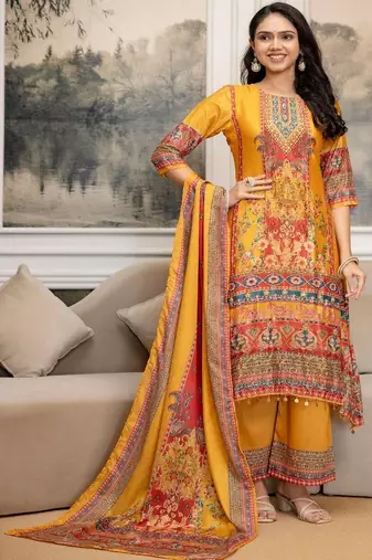 women ethnic motifs printed regular mirror work kurta with palazzos & with dupatta