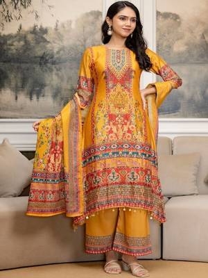 women ethnic motifs printed regular mirror work kurta with palazzos & with dupatta 3