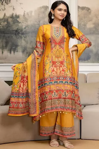 women ethnic motifs printed regular mirror work kurta with palazzos & with dupatta