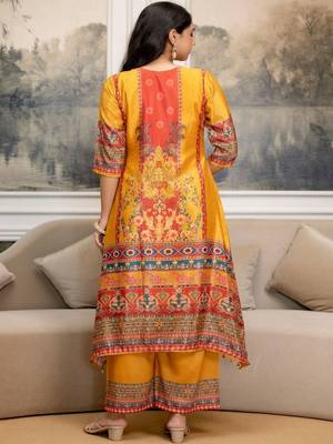 women ethnic motifs printed regular mirror work kurta with palazzos & with dupatta 4