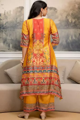 women ethnic motifs printed regular mirror work kurta with palazzos & with dupatta