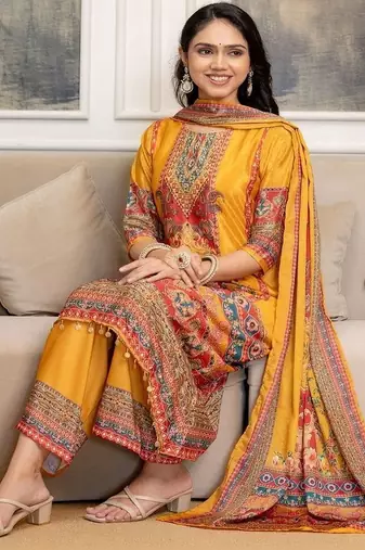 women ethnic motifs printed regular mirror work kurta with palazzos & with dupatta