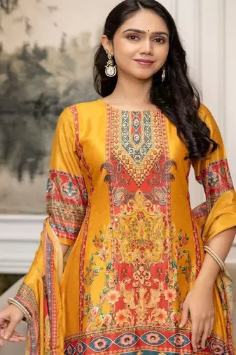 women ethnic motifs printed regular mirror work kurta with palazzos & with dupatta
