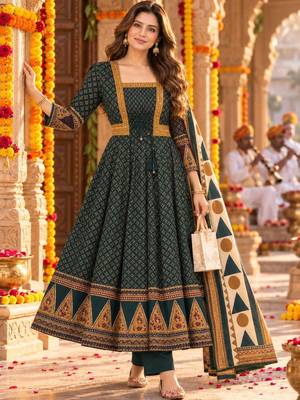 women ethnic motifs printed empire  cotton kurta with trousers & with dupatta 1